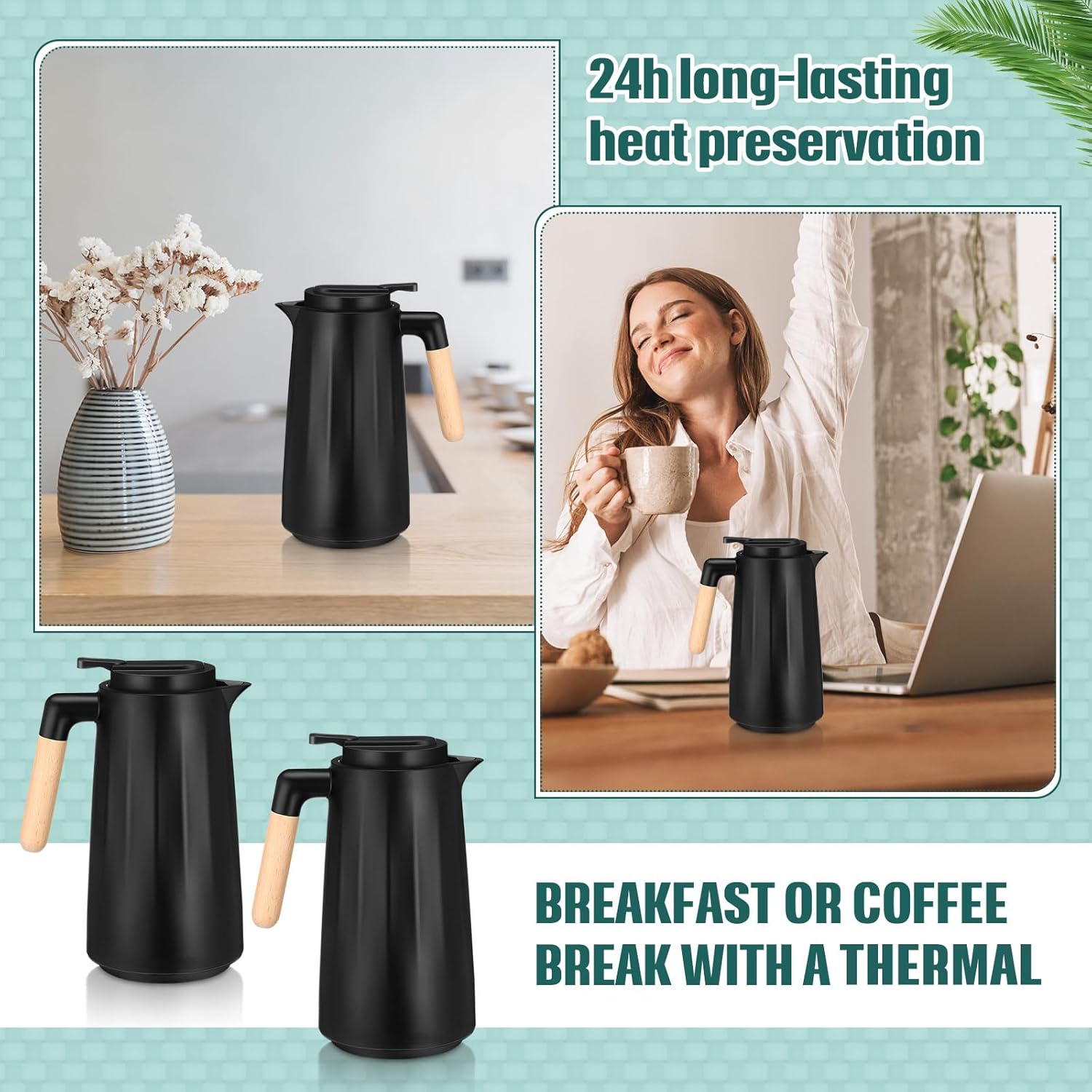 2 Pcs 34 oz Thermal Coffee Carafe for Keeping Hot/Cold Double Wall Vacuum Carafe with Insulated Glass Liner and Wood Handle Coffee Pot Container for Drinks Milk Tea Chocolates(Black) - Image 6