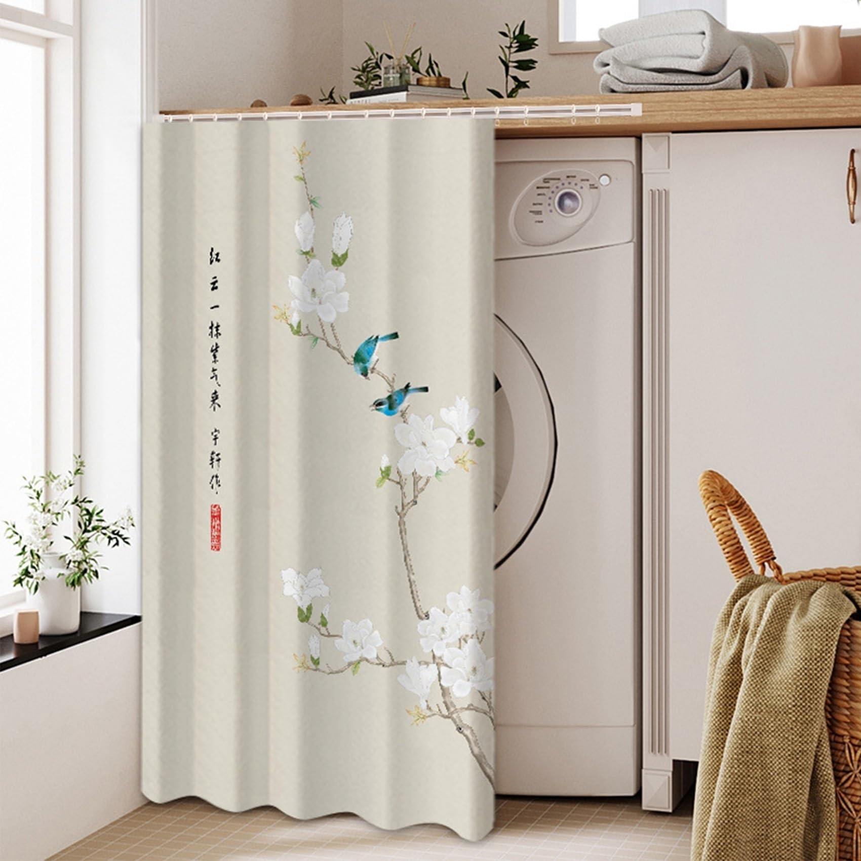GUOIOOI Dishwasher Curtain,No Drill Silent Curtain for Washing Machine,Waterproof Privacy Hanging Blind with Ink Wash Floral Print for Laundry Area Under Sink(Beige,W60*L80cm)
