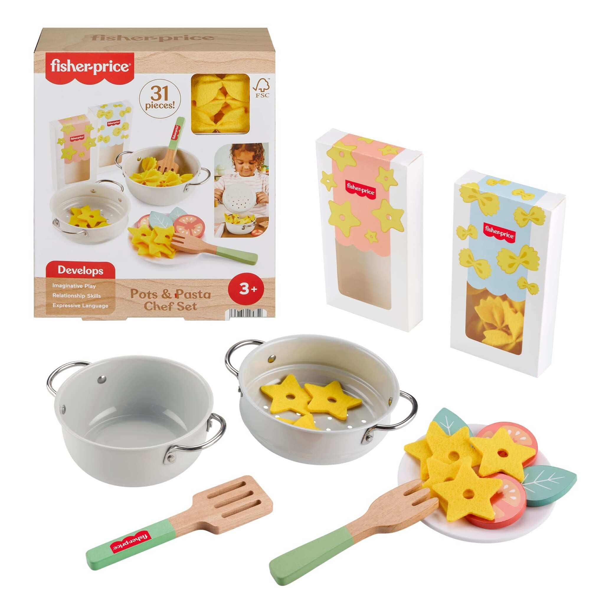 Fisher-Price Conjunto de ollas y pasta para chefs Conjunto de juego de imitación de cocina con 31 piezas