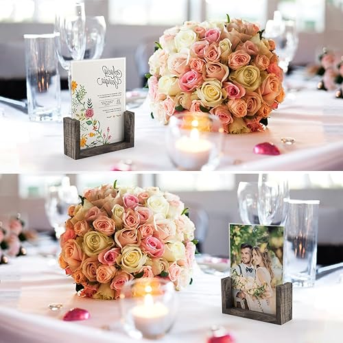 Miniatura 6 de PETAFLOP Juego de 2 portarretratos de 4 x 6, marcos de fotos de vidrio de doble cara de 4 x 6, soporte de madera rústica para menú, soporte para