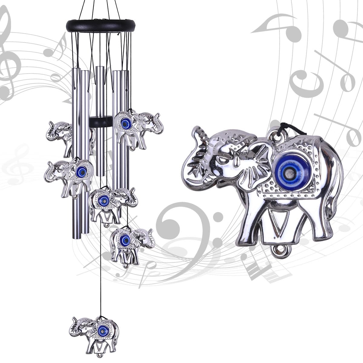 Blue Evil Eye Elephant Wind Chimes Outdoor Decor, Mobile Evil Eye Windcatcher, Evil Eye Elephant Wind Bells, Blue Evil Eye Amulet Wind Chimes for Home