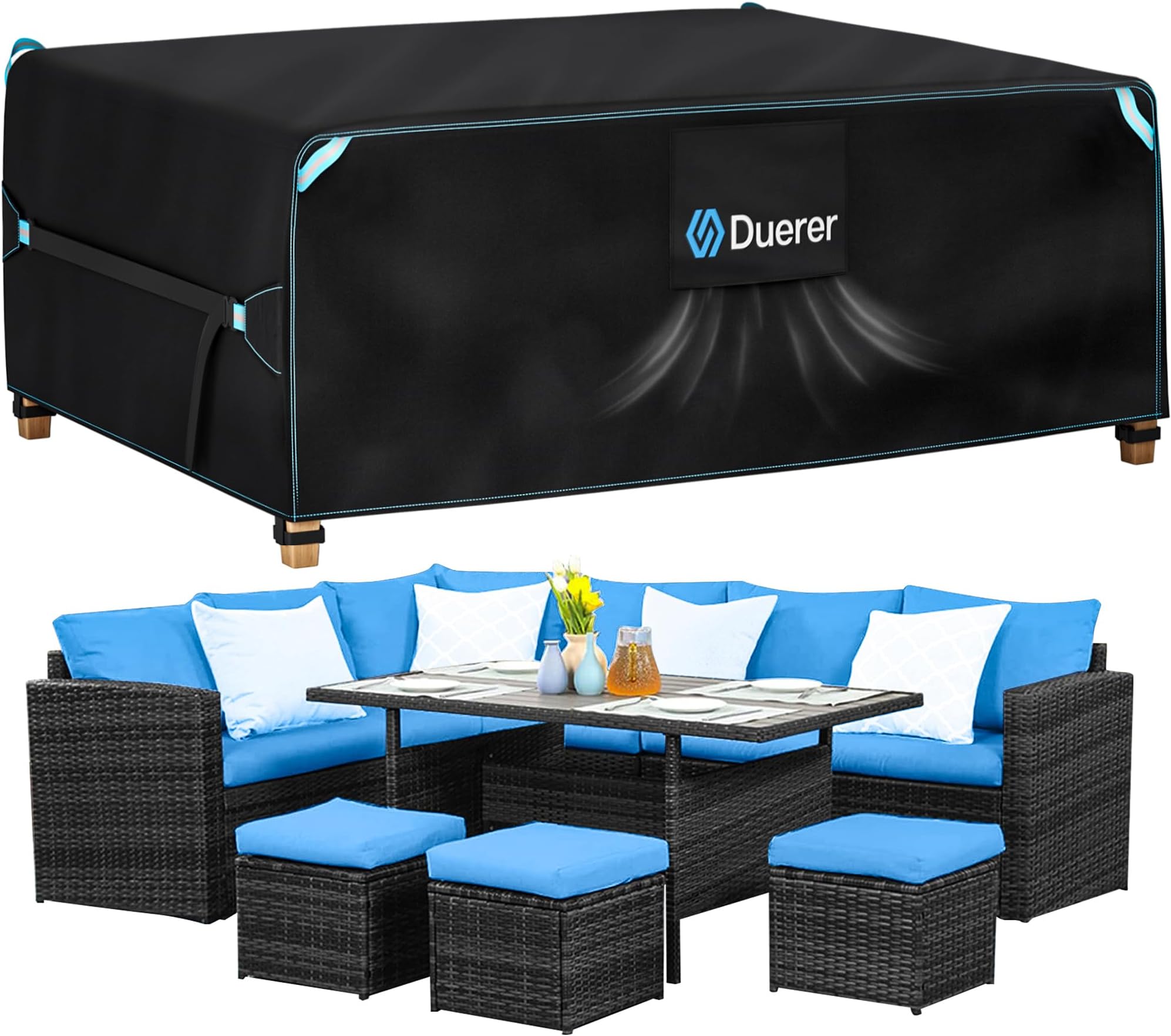 Duerer Patio Furniture Covers Waterproof 420D Outdoor Furniture Covers 90"L x 65"W x 28"H, for Patio Furniture Sets, Sofa, Table and Chair Set Cover, Anti-UV Rain Snow Dust Wind-Proof with Air Vent