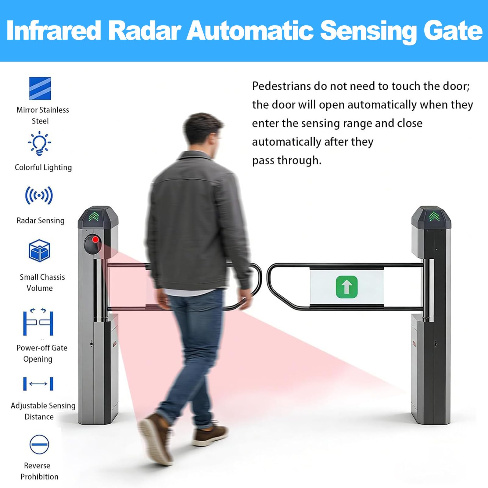 Puerta Abatible Automática con Radar Infrarrojo para Supermercados, Torniquete Eléctrico de 90° (Izquierda+Derecha), Sistemas de Entrada Sin Contacto, Sensibilidad Ajustable