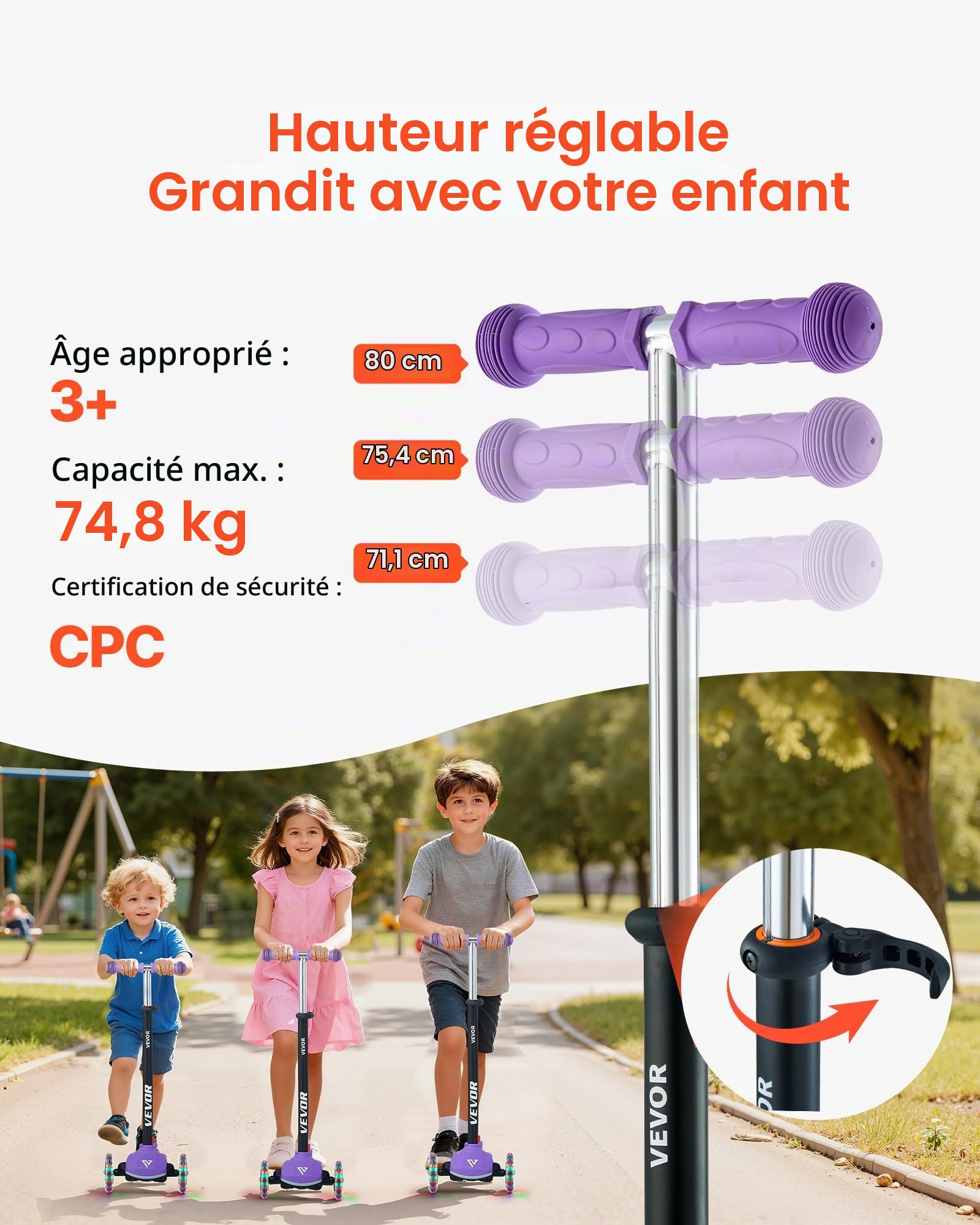 VEVOR Trottinette enfants 3 ans et plus, patinette à 3 roues avec roues lumineuses, guidon réglable en hauteur, large plateau antidérapant, cadre aluminium léger pour garçons et filles à 74 kg, violet