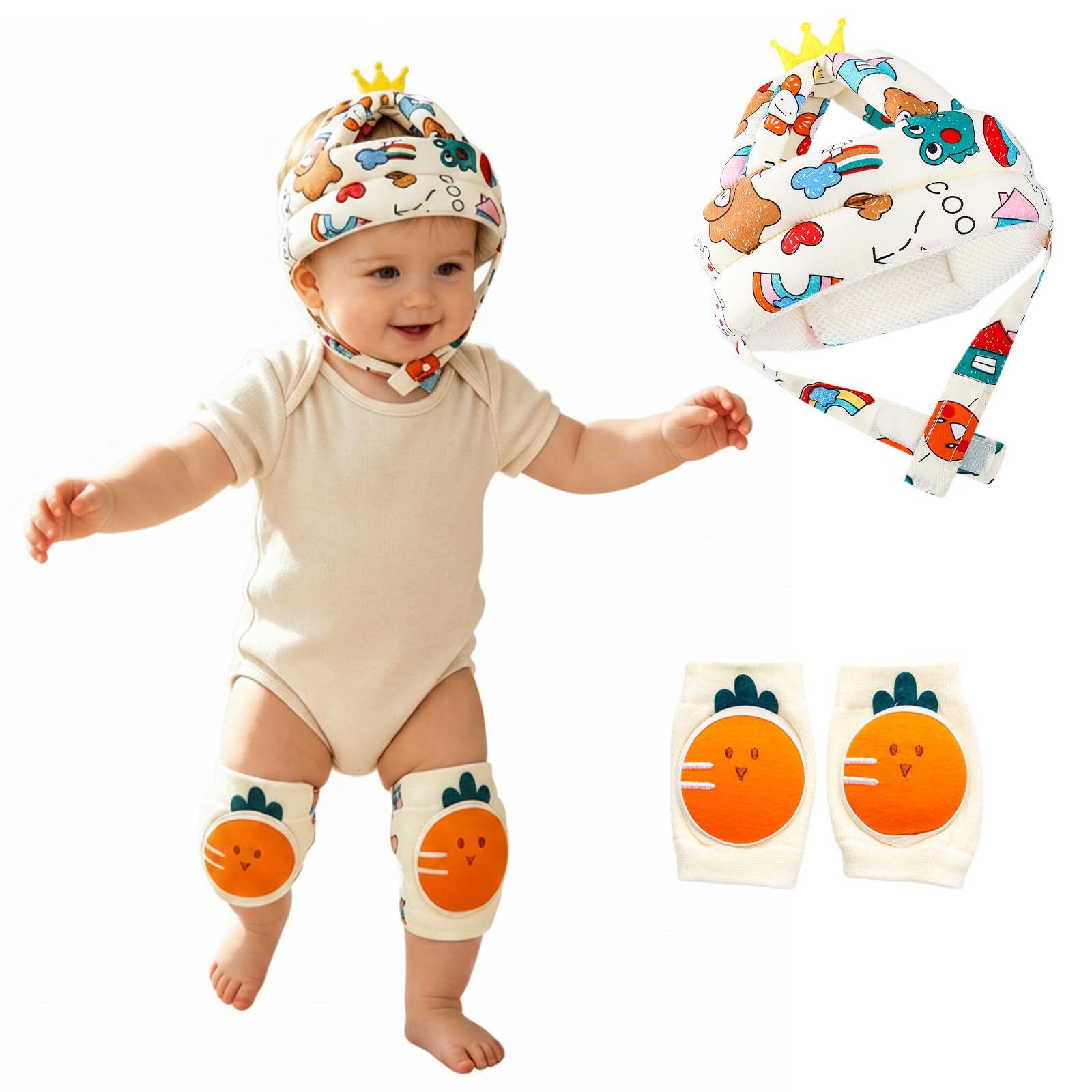HUANYO Baby Head Protector with Grey Forest Print & Dinosaur Knee Pads Set – Adjustable, Breathable Anti-Fall Safety Helmet for Toddlers 5-36 Months, Ideal for Learning to Walk Unisex (Grey) (Pink)