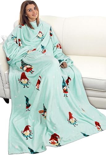 Catalonia Manta con estampado navideño con mangas y bolsillo, acogedora manta de forro polar suave de visón, manta de microfelpa para mujeres y