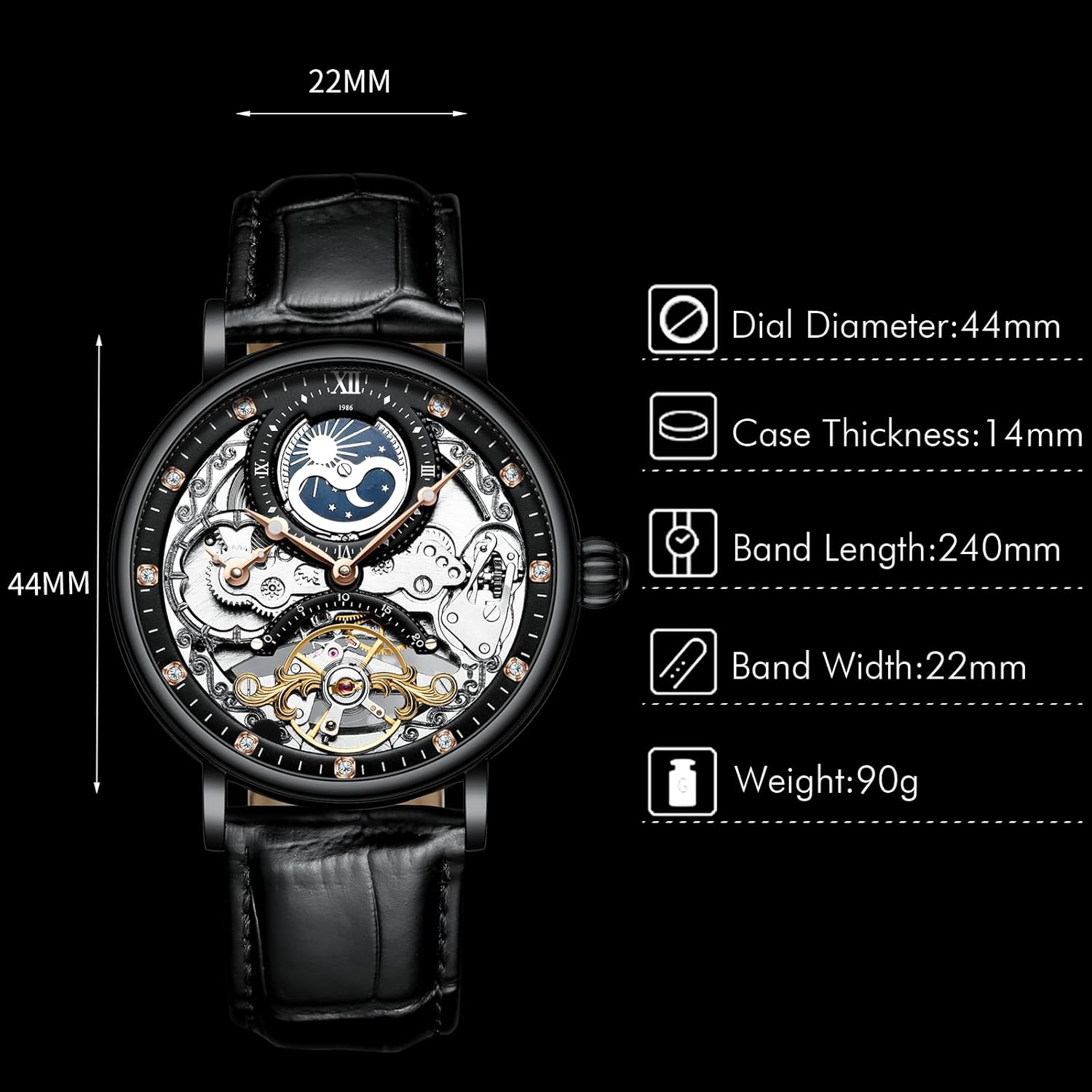 Diagram showing the dimensions of the RORIOS watch: dial diameter, case thickness, band length, band width, and weight.
