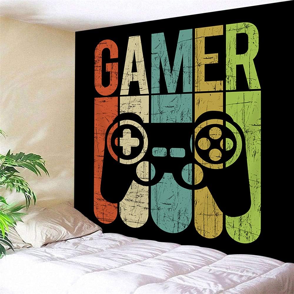 JAWO Black Wall Tapestry Gamer Label with Gamepad On Vintage Color Wood Pannel Tapestry Wall Hanging Home Decor for Living Room Bedroom Wall Blanket