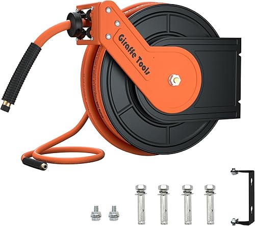 Giraffe Tools TA15BPLUS Carrete de manguera de aire retráctil con soporte giratorio Manguera híbrida de 38 pulgadas x 50 pies, carrete de manguera