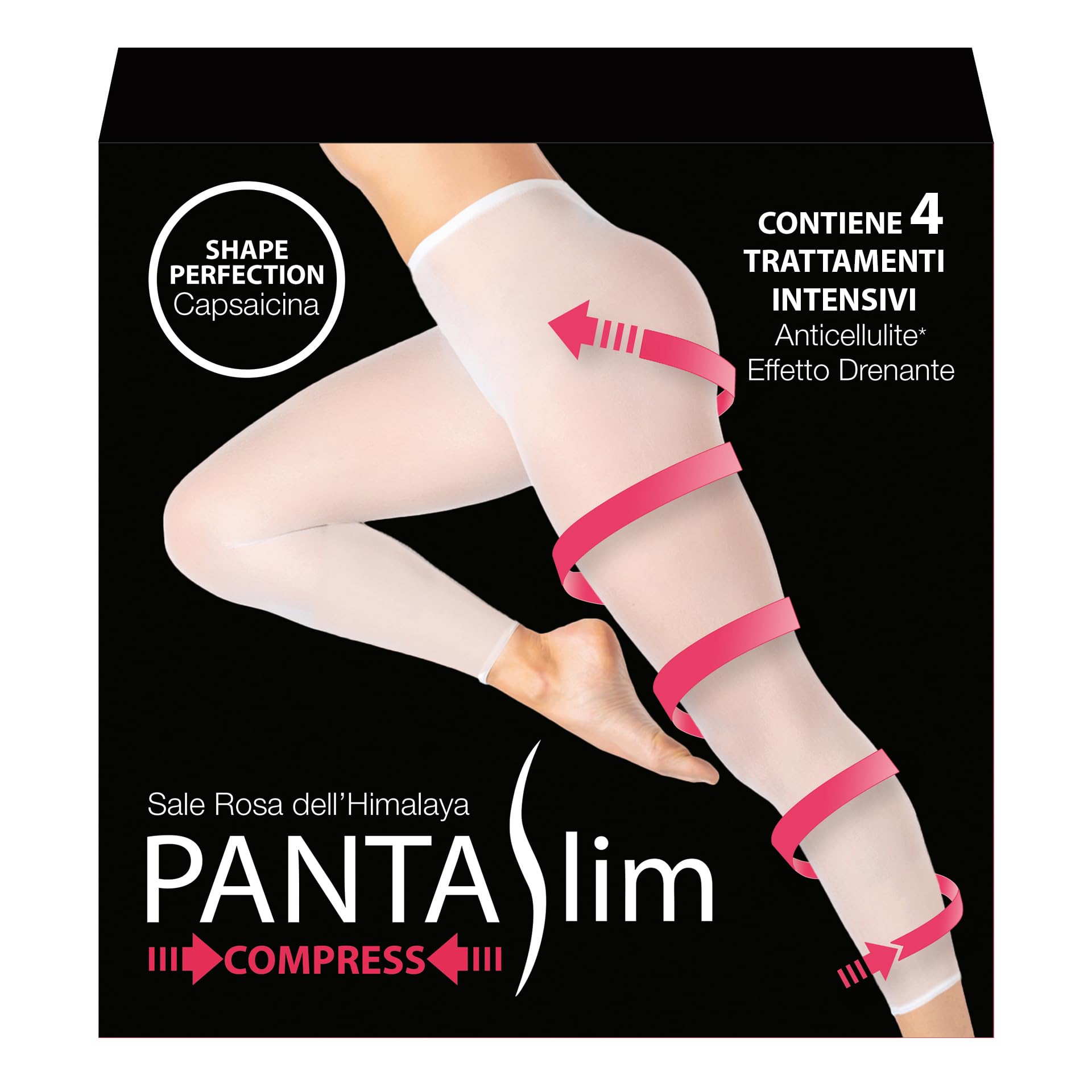 PANTASLIM Compress - Kit de 4 tratamientos – Medias drenantes anticelulíticas – Fórmula Shape Perfection Capsaicina + Sal Rosa del Himalaya con pantalones de cartene y tanga desechable – 99% original