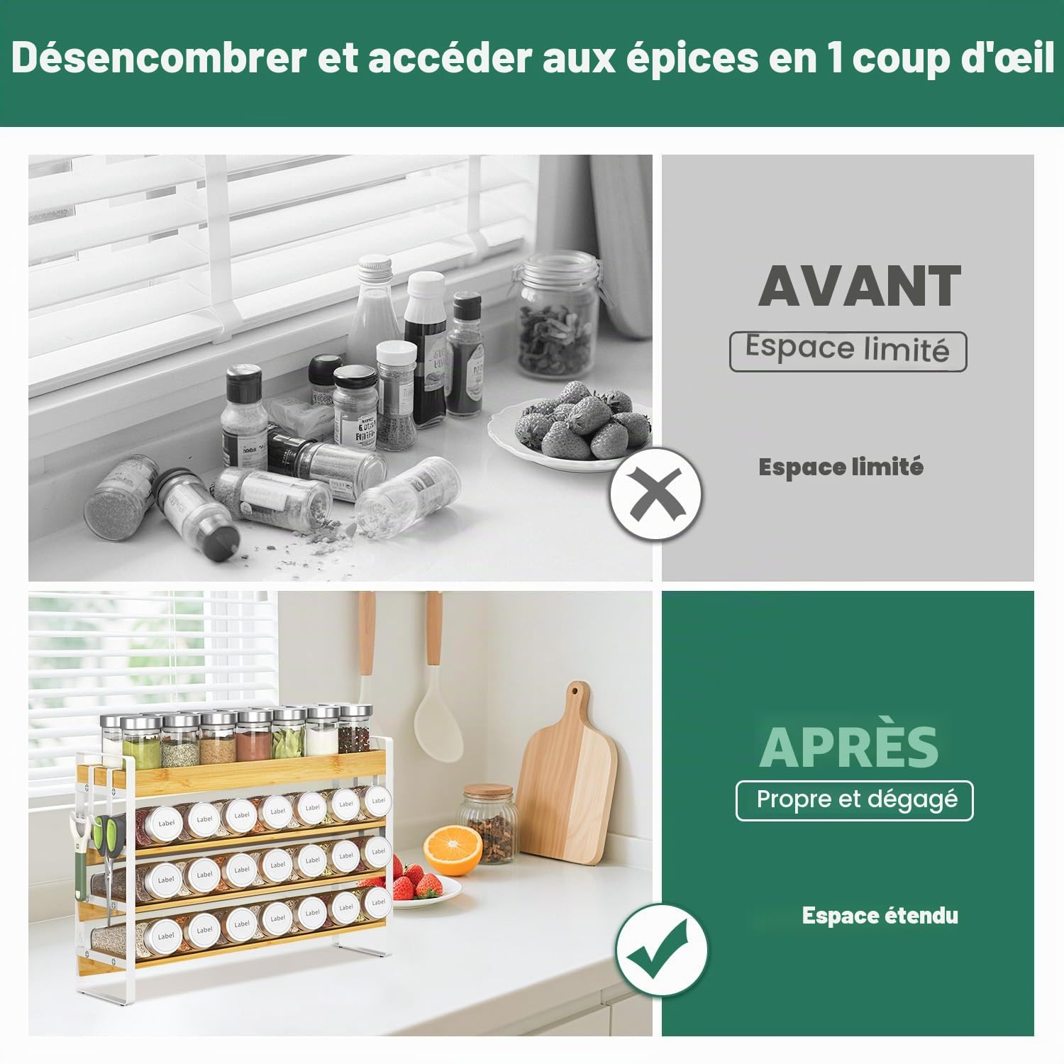 EsLuker.ly Étagère à épices pour comptoir de cuisine, étagère à épices en bambou à 4 niveaux avec 4 crochets, support mural autonome pour garde-manger, bambou + blanc (bocaux non inclus)
