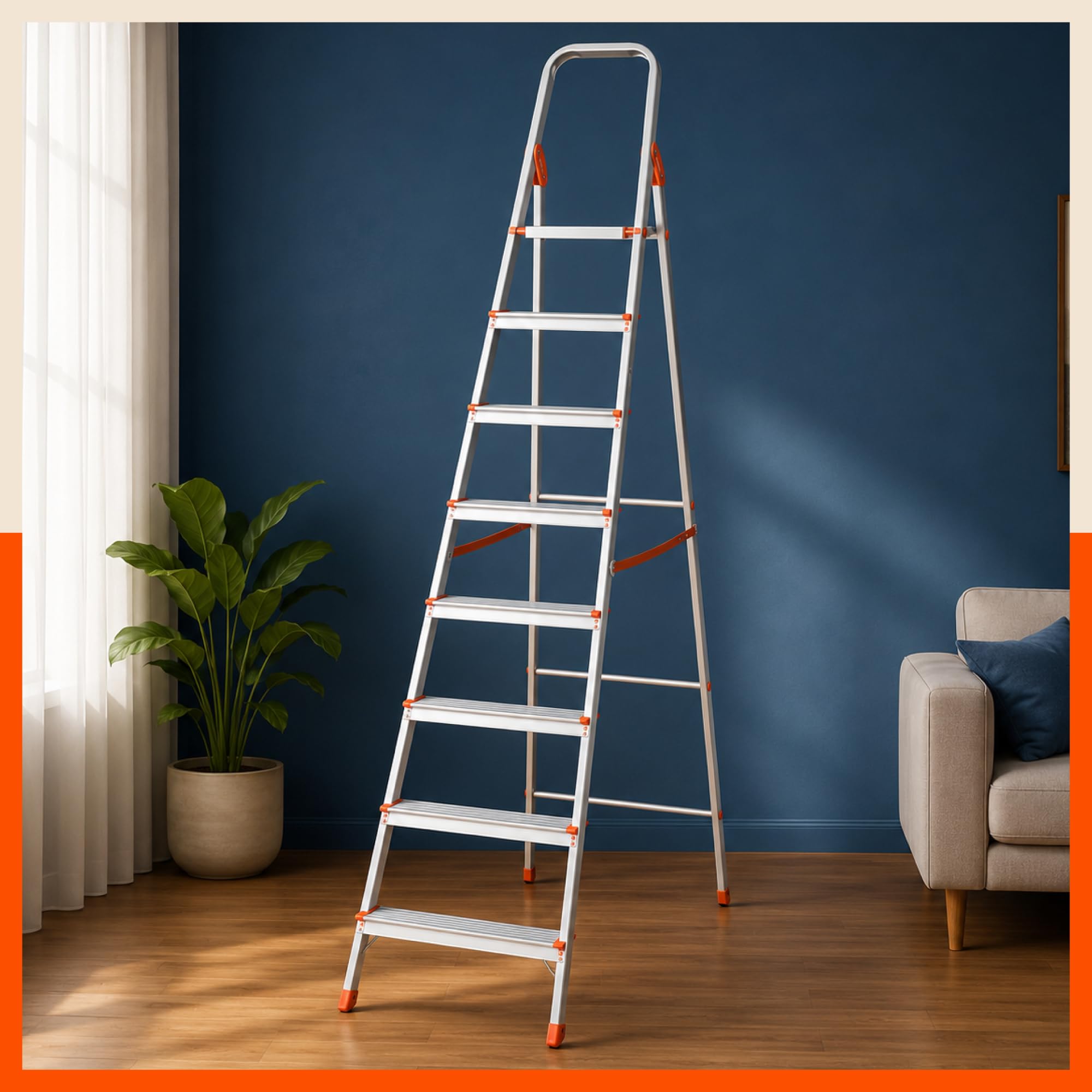 Bathla Advance 8-Step Foldable Aluminium Ladder for Home | Heavy Duty & Anti-Slip Steps | 5 Year Manufacturer Warranty | with Sure-Hinge Technology (Orange)-image-14