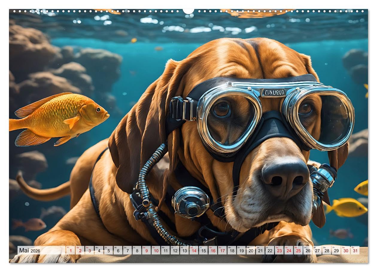 Hunde abgetaucht (Wandkalender 2026 DIN A2 quer), CALVENDO Monatskalender: Amüsante Bilder tauchender Hunde aller Rassen in einer traumhaften Unterwasserwelt (CALVENDO Tiere)