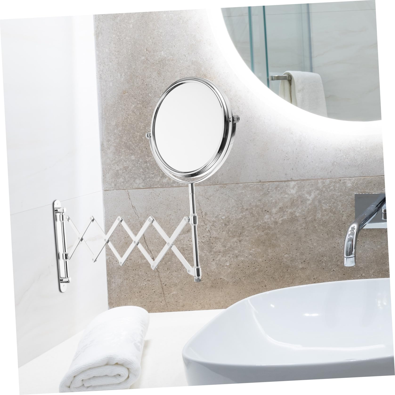 Specchio da Bagno da Parete in Metallo Argento, Specchio Cosmetico Rotondo Estensibile a Doppia Faccia Ingrandimento 3x, Rotazione 360 Gradi per Trucco e Rasatura