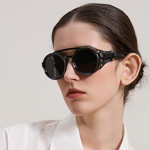 Miniatura 6 de Gafas de sol polarizadas estilo steampunk estilo aviador retro con escudo lateral de cuero, gafas vintage góticas para hombres y mujeres