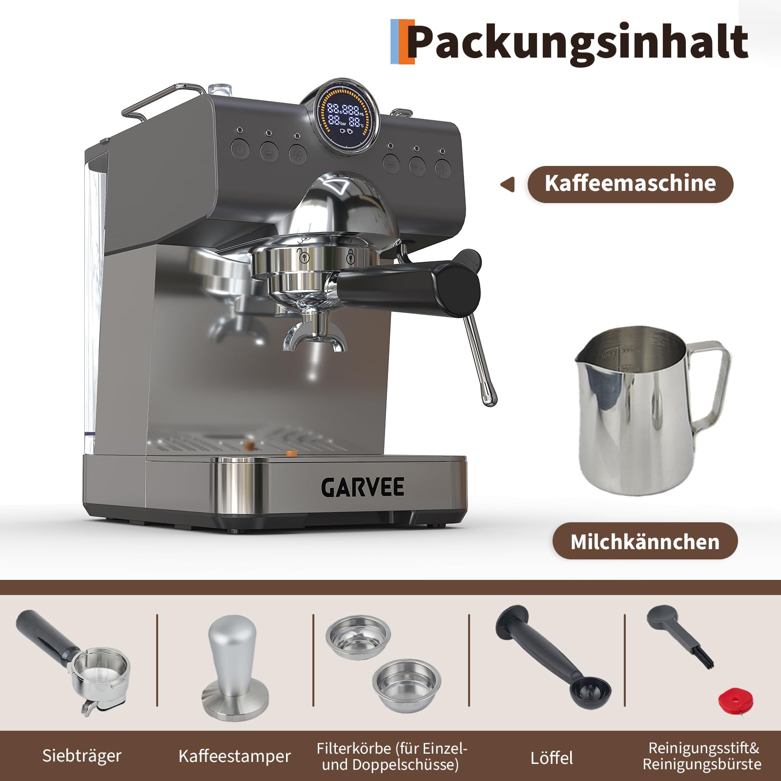 GarveeTech Macchina da Caffè Automatica 20 Bar, Espresso E Cappuccino Con Termoblocco & Ugello A Vapore Manuale,Serbatoio 1.5L, Per Espresso, Latte (nero)