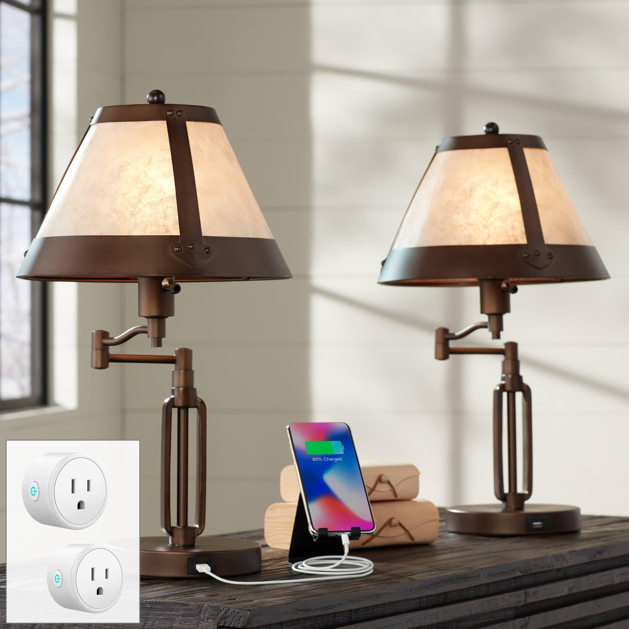 Samuel 21 1/4" High Small Farmhouse Rustic Traditional Desk Lamps Set of 2 USB Port Swing Arm with Socket Brown Bronze Finish Metal Shade Home Office Living Room Charging Bedroom