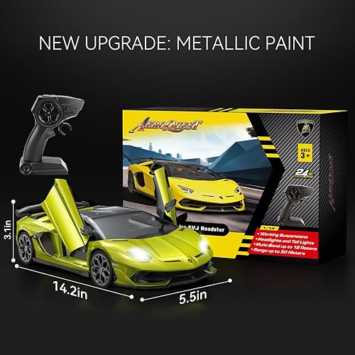 Miniatura 7 de Lamborghini - Auto a control remoto, con licencia oficial 114 Lambo RC para niños y niñas, regalo de cumpleaños, juguetes verdes para 3, 4, 5 años