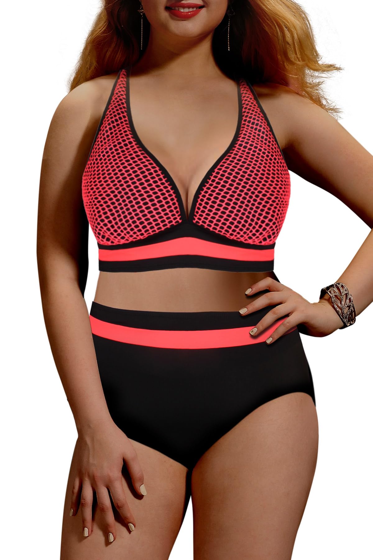 JINXUEER Women's Plus Size High Waisted Bikini Sets Two Pieces Fishnet Swimsuit Athletic Bathing Suit 2025 Swimwear