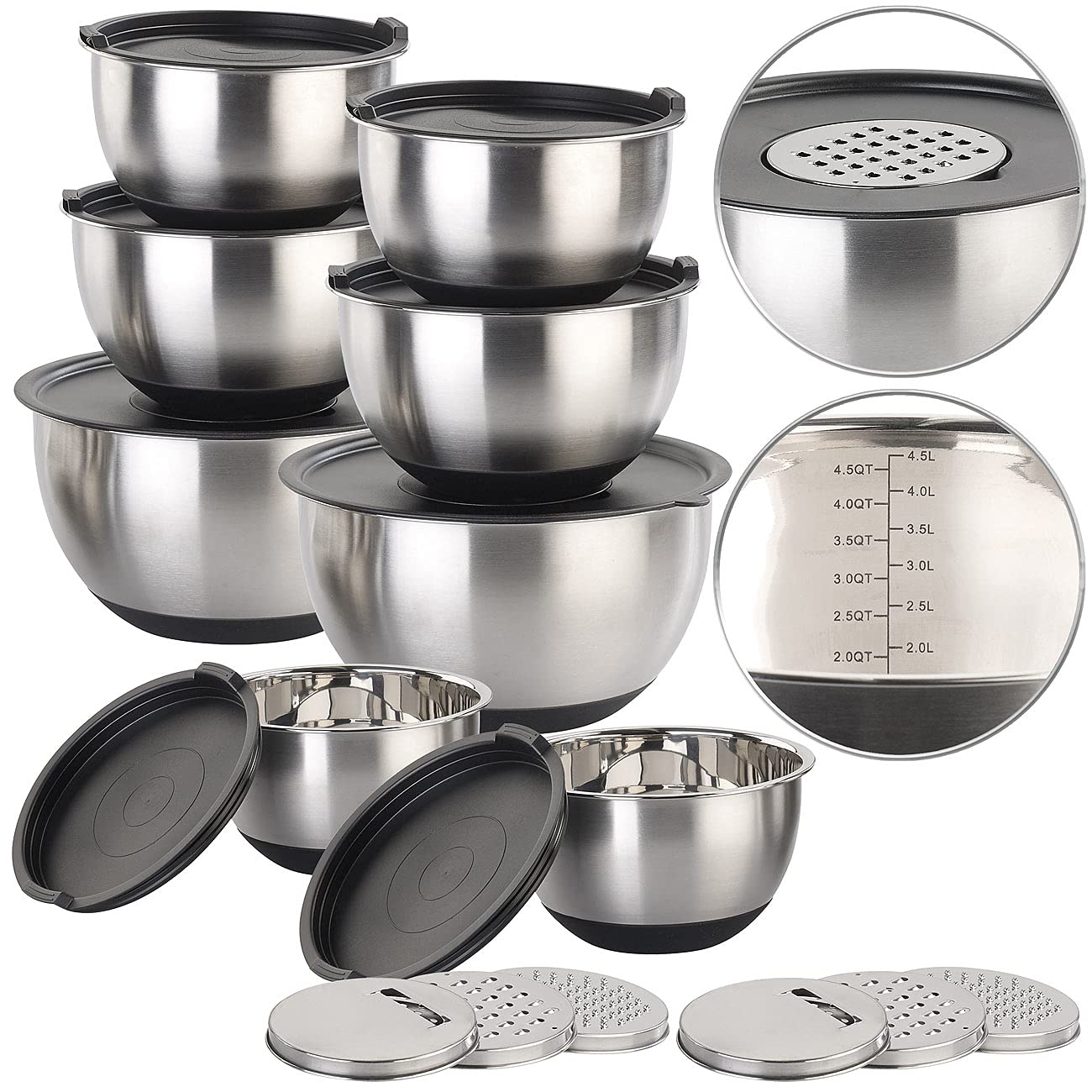Rosenstein & Söhne Reibe: 22-teiliges Premium-Rührschüssel-Set mit 6 Reibeaufsätzen und Deckeln (Schüssel mit Deckel, Edelstahl Schüssel mit Deckel, Topf)