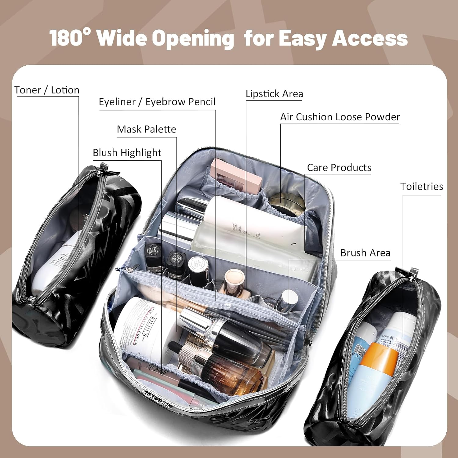 BOYATU Travel Makeup Bag for Women: Y2K Aesthetic Personalized Glossy 3 Pcs Set Cosmetic Organizer Bag - Trendy Statement Toiletry Pouches for Forward Women - Stand Out at Festivals & Trips(A-2-Black)