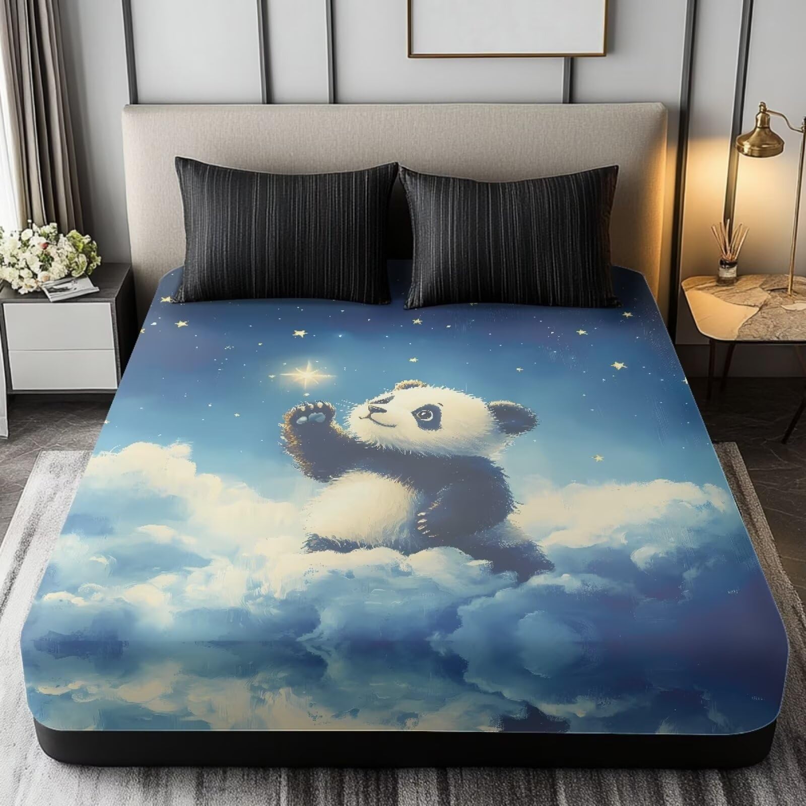 Maiyoinou Panda Sky Bed Sheets for Boys Girls Child Teens Durable Easy to Clean Bedding Fitted Sheet Deep Pocket Up to 16