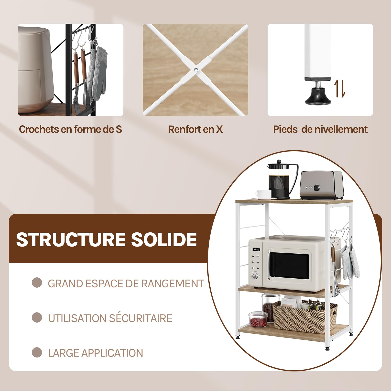 WOLTU Étagère de Cuisine Étagère de Micro-Ondes en métal et Bois,Environ 60 x 40 x 82 cm,Blanc + chêne Clair