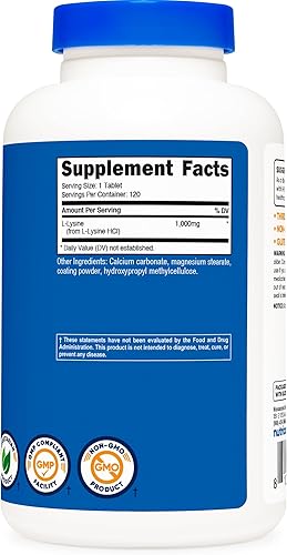 Vista 5 de Nutricost L-Lysine 1000mg, 120 Tablets - Gluten Free, Non-GMO, and Vegetarian Friendly