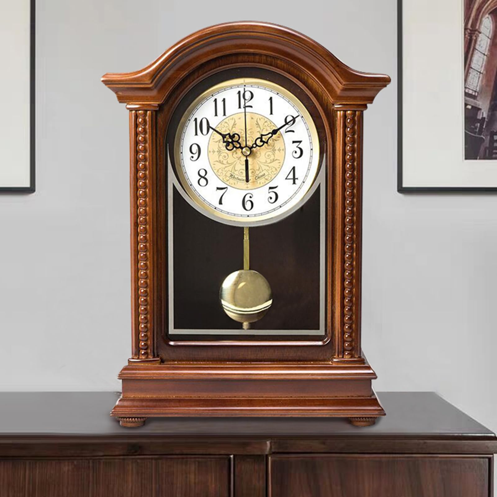 Reloj de péndulo de madera con campanillas – Reloj de mesa mecánico para decoración del hogar, sala de estar u oficina – Campana cada hora, diseño clásico