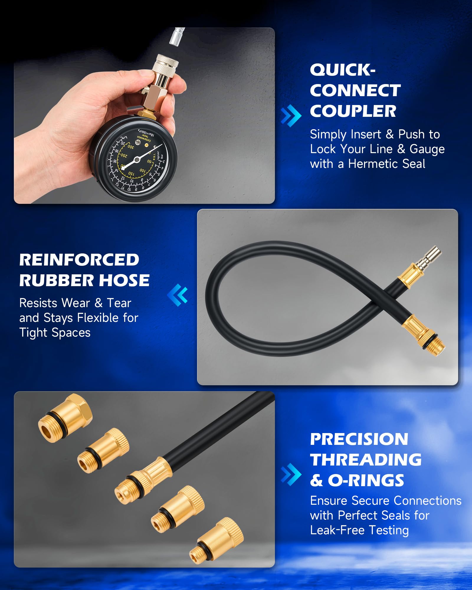 Orion Motor Tech Kit di test di compressione per benzina, 8 pezzi, per motori a benzina con manometro 0-300 psi