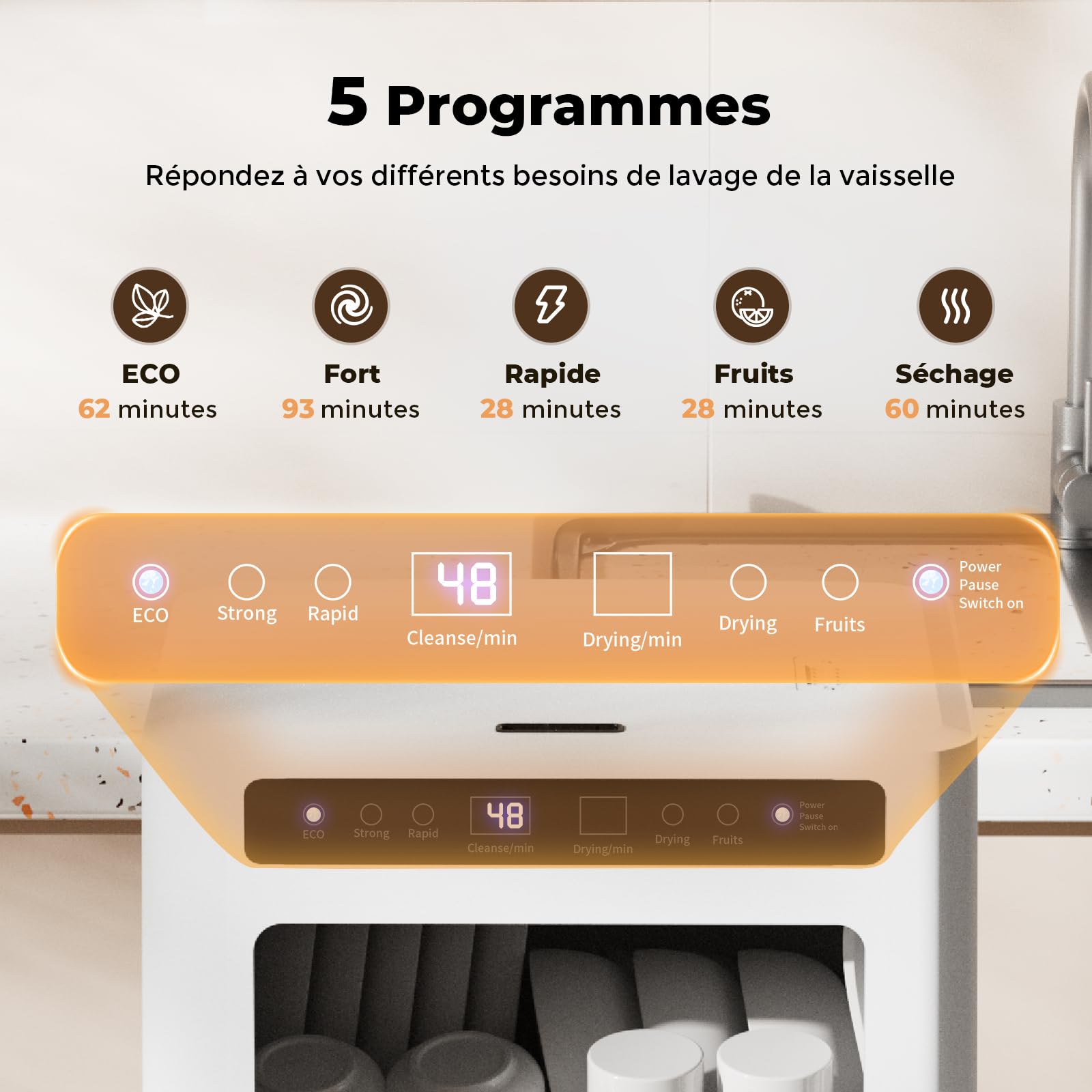 IsEasy Mini Lave-Vaisselle de Table Comptoir, Lave-Vaisselle Compact Portable, 5 Programmes, Affichage à LED, Lavage des Fruits, Deux Modes D'alimentation en Eau
