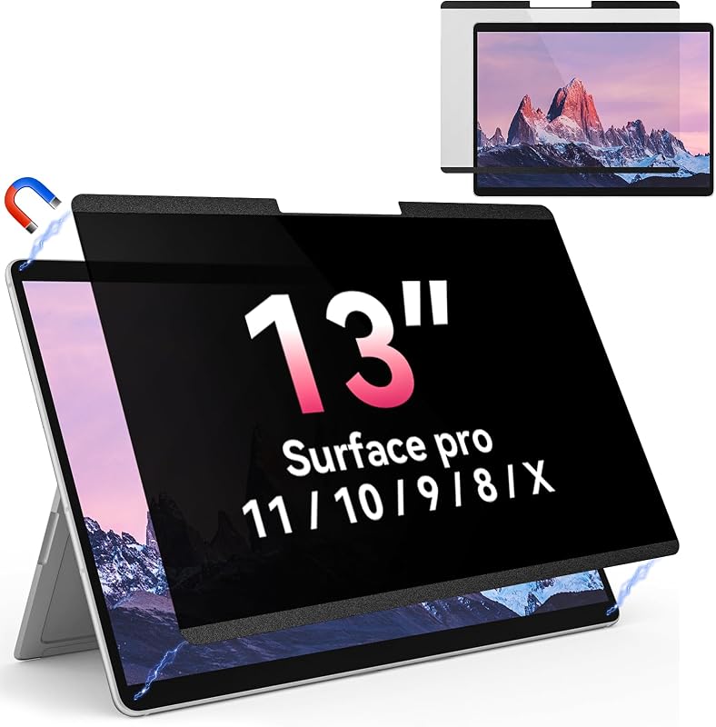 Magnetic Privacy Screen for Microsoft Surface Pro 11/10/9/8/X 13 Inch, Removable Anti Glare Blue Light Filter, 13 In Anti Spy Black Security Private Block Screen Protector