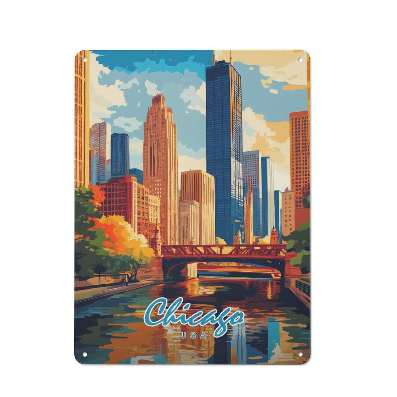 Junmoney Style-9 Retro Metal Wall Sign 40X30cm Featuring Chicago Skyline For Garage Wall, For Garage, Workshop And Man Cave Decoration