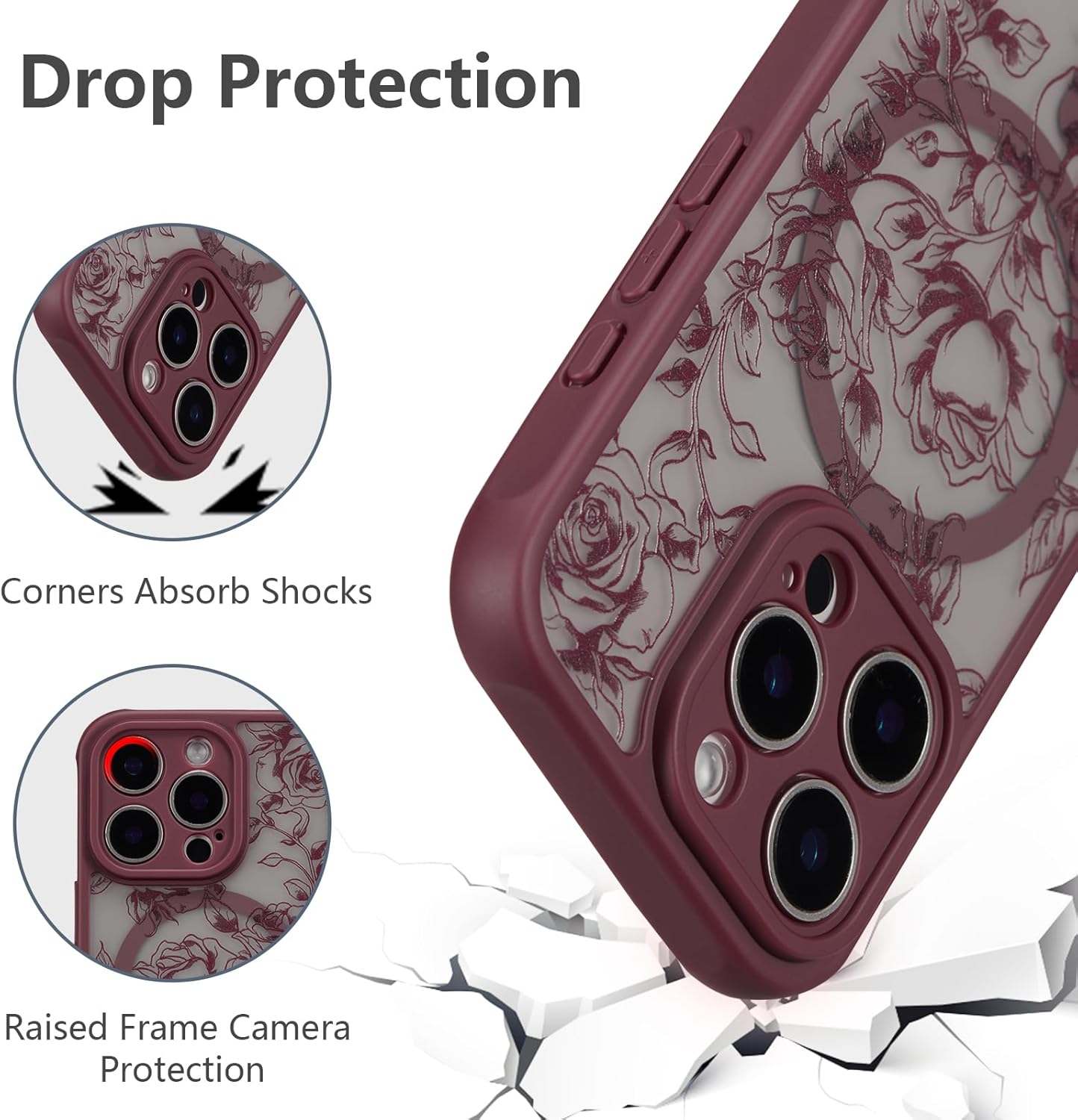 XIZYO Magnetic Case for iPhone 15 Pro Max, Floral Flower Cute Aesthetic Case [Compatible with Magsafe] for Women Girls Rose Pattern Slim TPU Bumper Shockproof Protective Cover, Branch Rose/Wine Red - Image 5