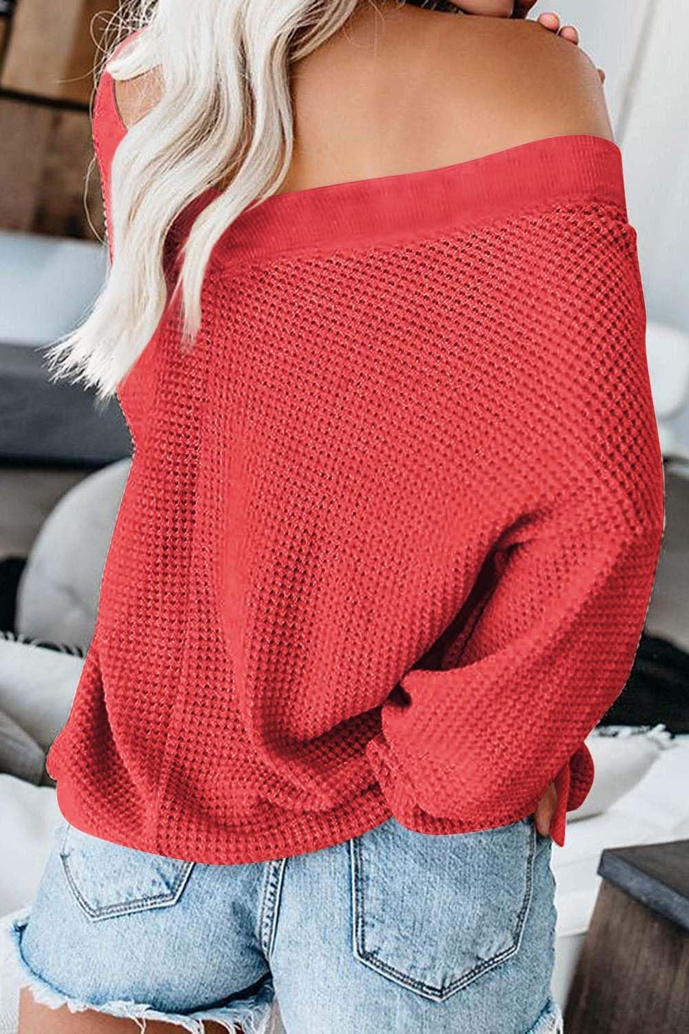 ReachMe Womens Oversized Off The Shoulder Tops Long Sleeve Waffle Knit Shirt Drop Shoulder Sweater Top - Image 2