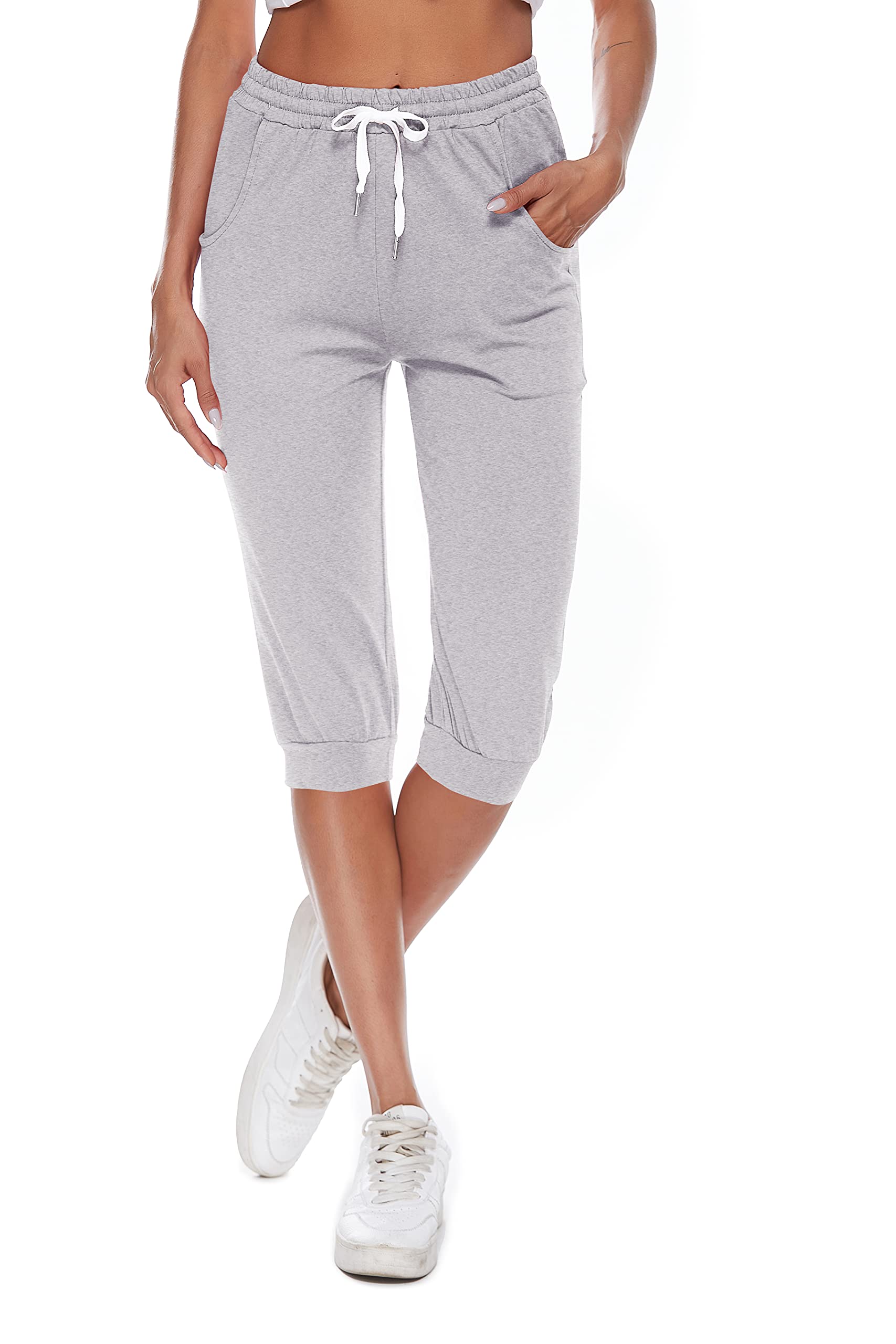 Pantalones de chándal para mujer, pantalones deportivos 3/4, de verano, algodón, pantalones capri, pantalones de deporte, fitness, yoga, pantalones con bolsillo