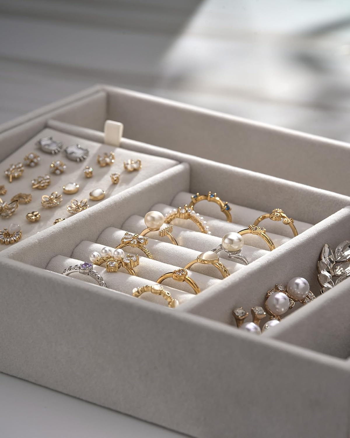 pickpiff 2 Layer Jewelry Box Organizer for Women, Jewelry Organizer with Handle & Removable Tray, Necklace Holder Ring Earring Storage, Velvet Lined Jewelry Case for Home or Travel, Gift Ready, Beige - Image 7