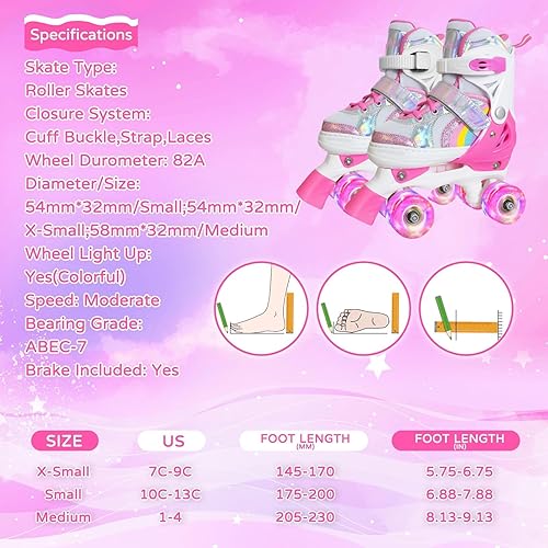 Miniatura 5 de Nattork Girls Roller Skates for Kids Toddler, 4 Sizes Adjustable Rainbow Quad Skates with Light up Wheels,Best Gift for Kids Beginners