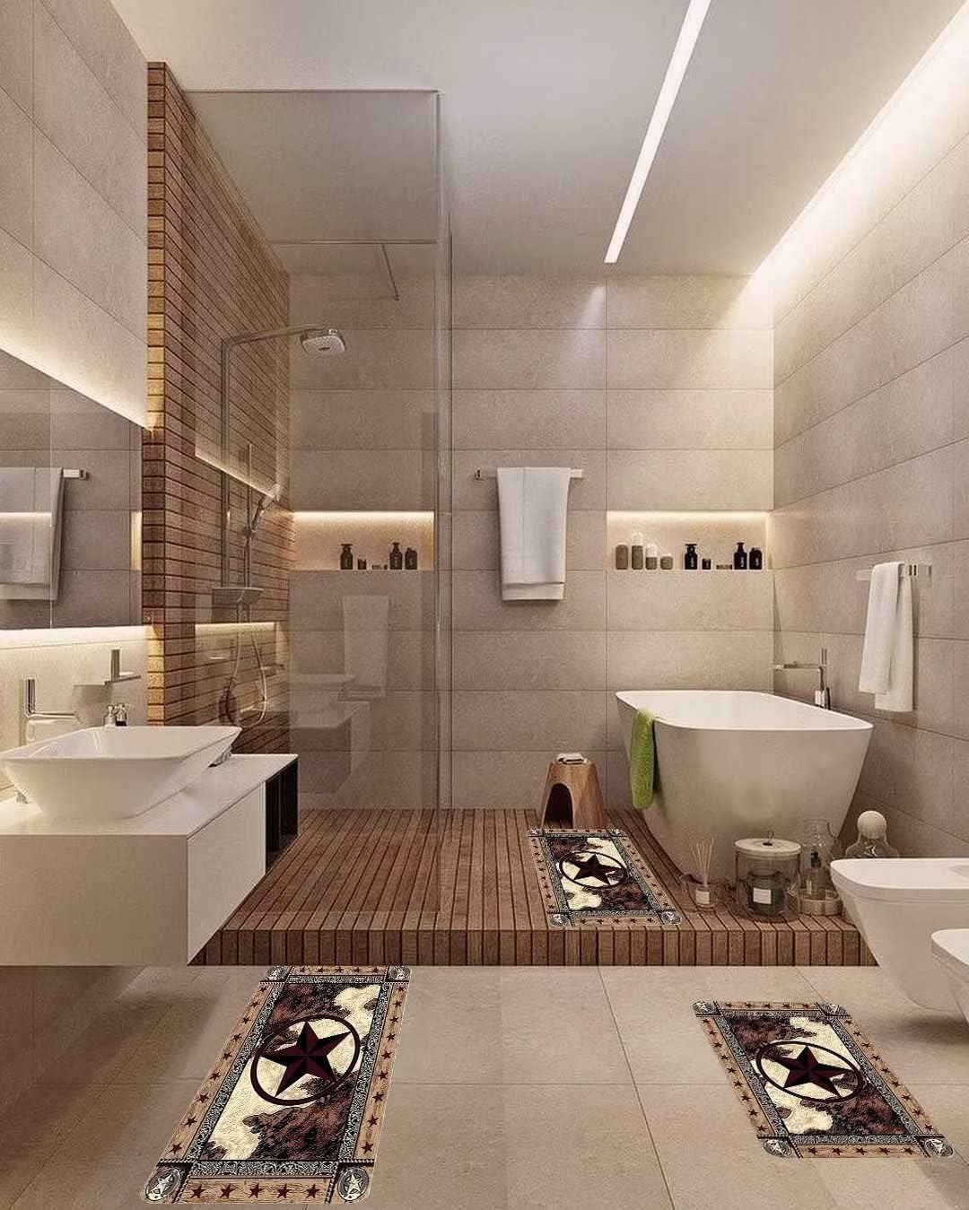 Western Kitchen Rug Sets 3 Piece Texas Star on Wood Panel Rustic Country Comfort Mat Farmhouse Vintage Floor Mats Washable Doormat Anti Fatigue Non-Slip Kitchen Runner Rugs Bedroom Area Carpet,Brown - Image 4