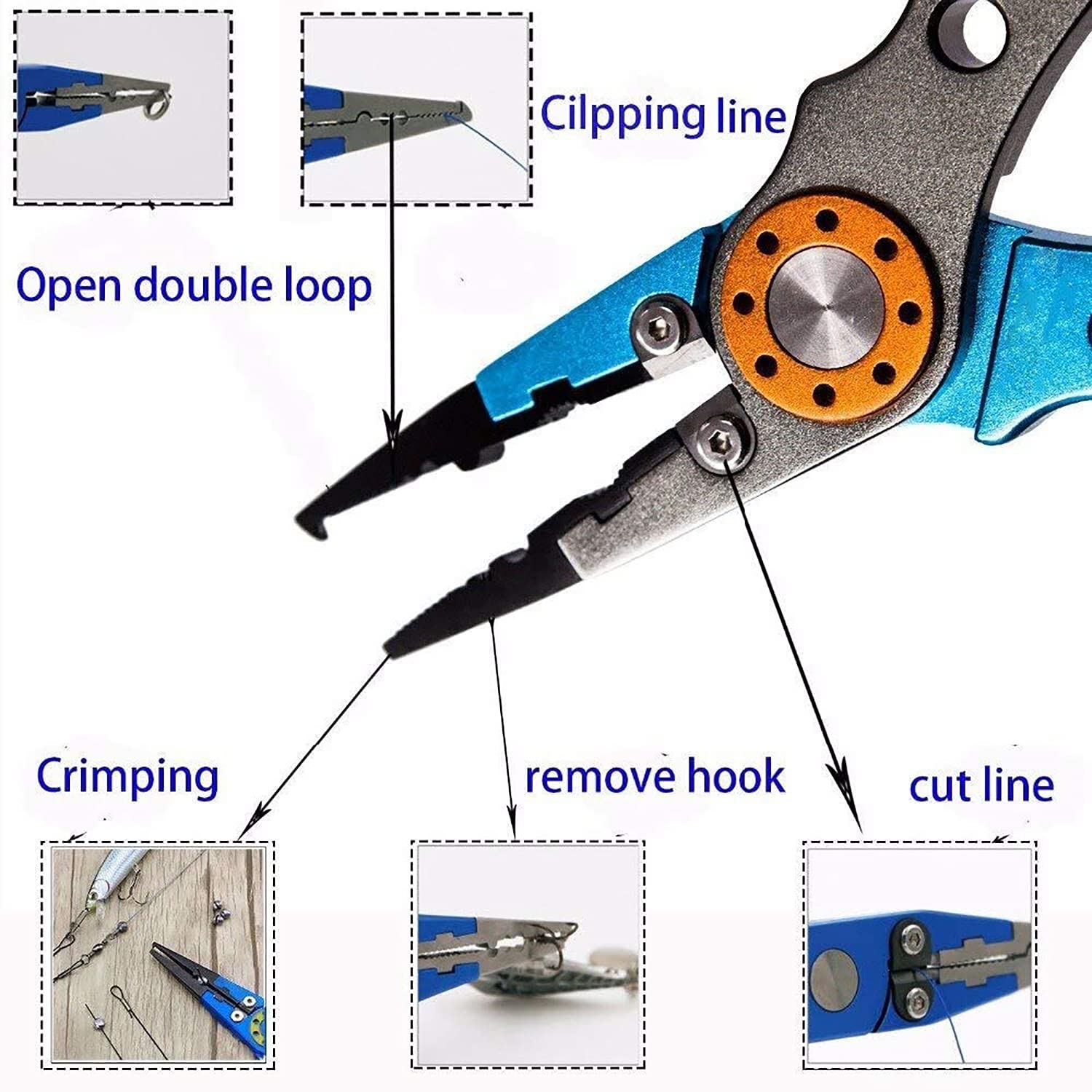 1 pinza da pesca blu, in lega di alluminio, resistente all'acqua salata, multifunzione, strumento da pesca con guaina e cordino