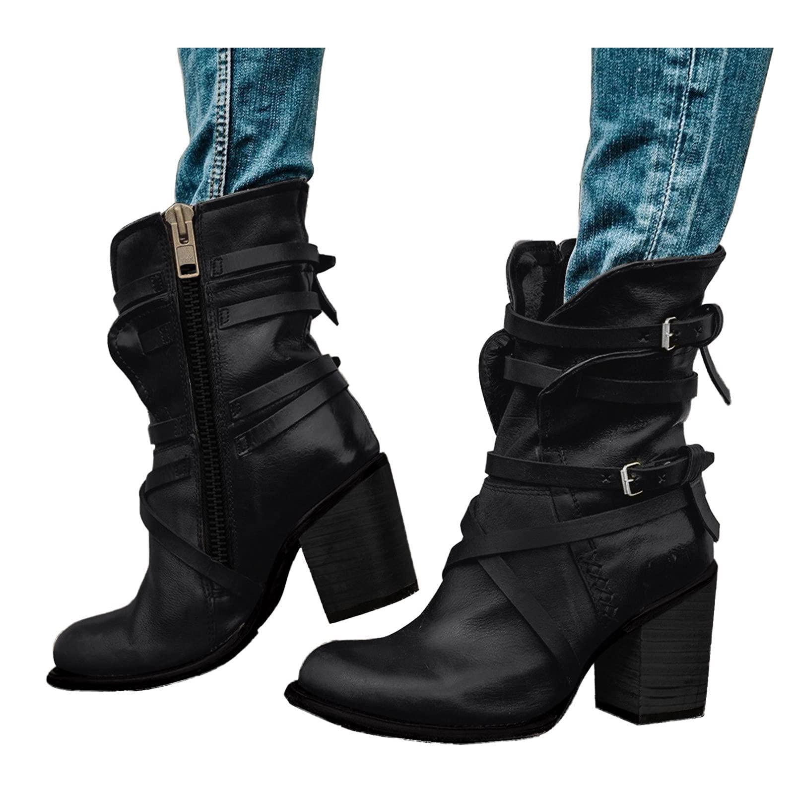 Bcshiye Women's Chunky Heel Mid Calf Boots Side Zipper Faux Fur Mid Calf Riding Winter Boots Buckle Slouch Combat Boots