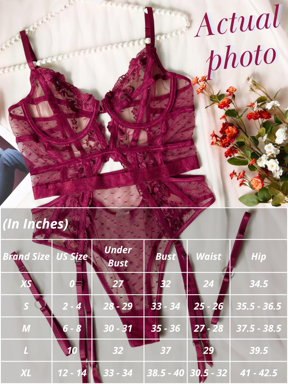 Kaei&Shi Floral Embroidered, Underwire, Removable Garter, Thigh Straps, Backless Bodysuit: Burgundy 2-4