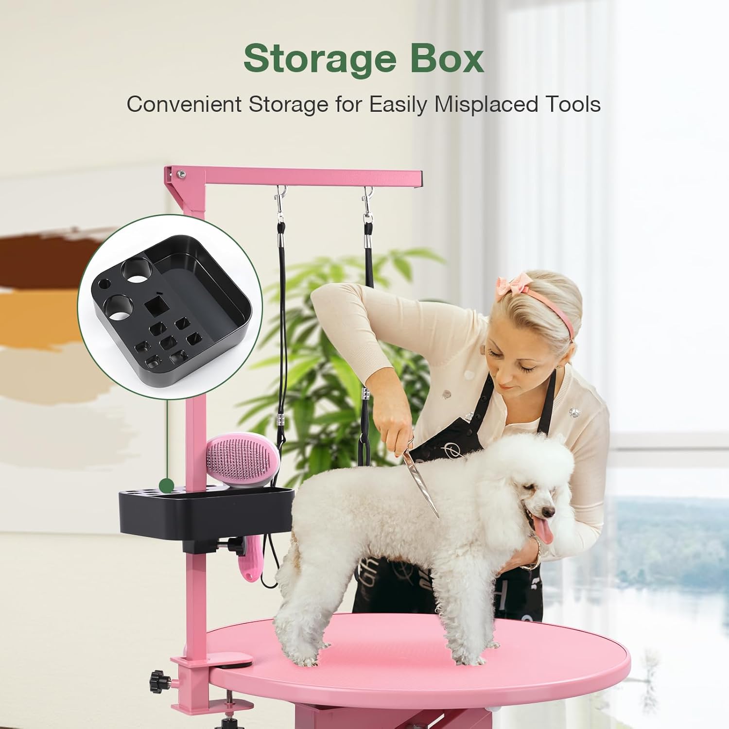 Professional Pet Grooming Table with Double leashes, 24" Electric Lift Dog Grooming Table for Small Dogs, Adjustable Overhead Arm & Tool Organizer, Non-Slip Desktop & Wireless Remote, Pink