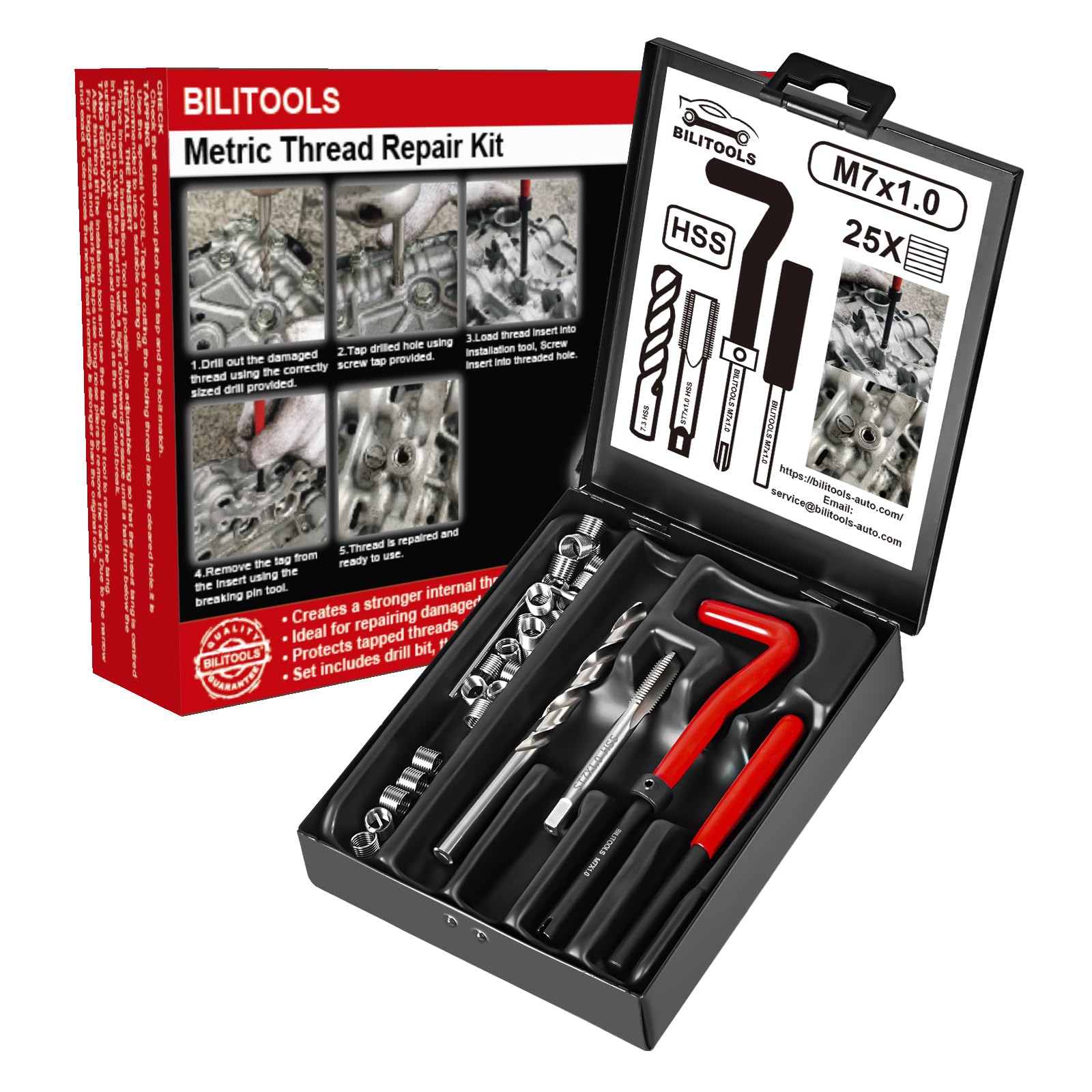 BILITOOLS Helicoil - Kit di riparazione filettature metriche M7 x 1.0 HSS, kit di riparazione elicoil