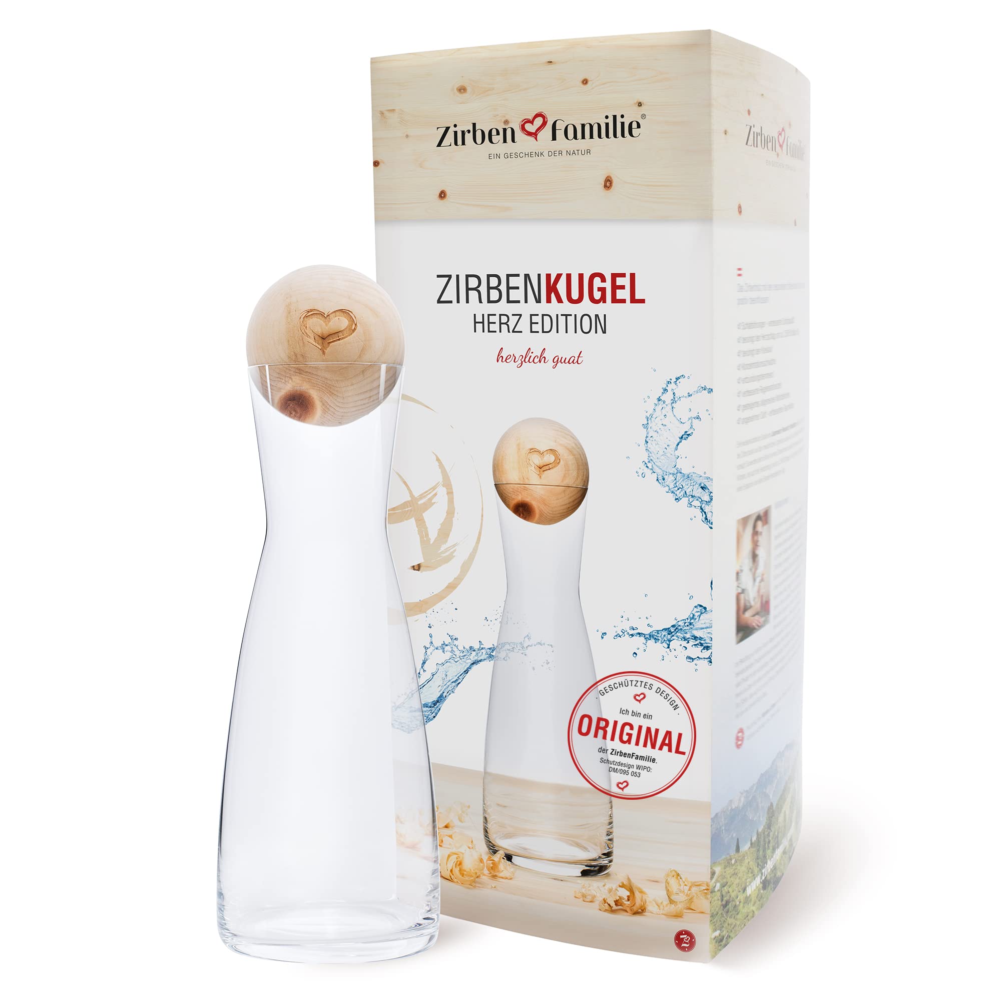 Zirben Familie El juego original de bolas de pino cembro incluye jarra de agua | confiere al agua un toque especial | jarra de 1 litro de cristal con tapa de madera de pino | edición de corazón