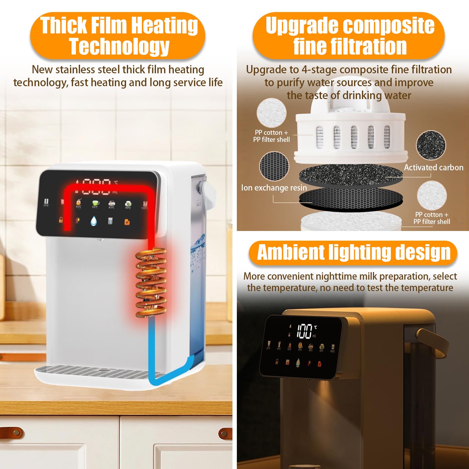 iFCOW Dispenser di Acqua Calda, 3 Secondi, scaldabagno istantaneo 7 Livelli di Temperatura 8 uscite d'Acqua con Serbatoio dell'Acqua da 3,5 l Volume Regolabile per Cucina e Ufficio Funzione
