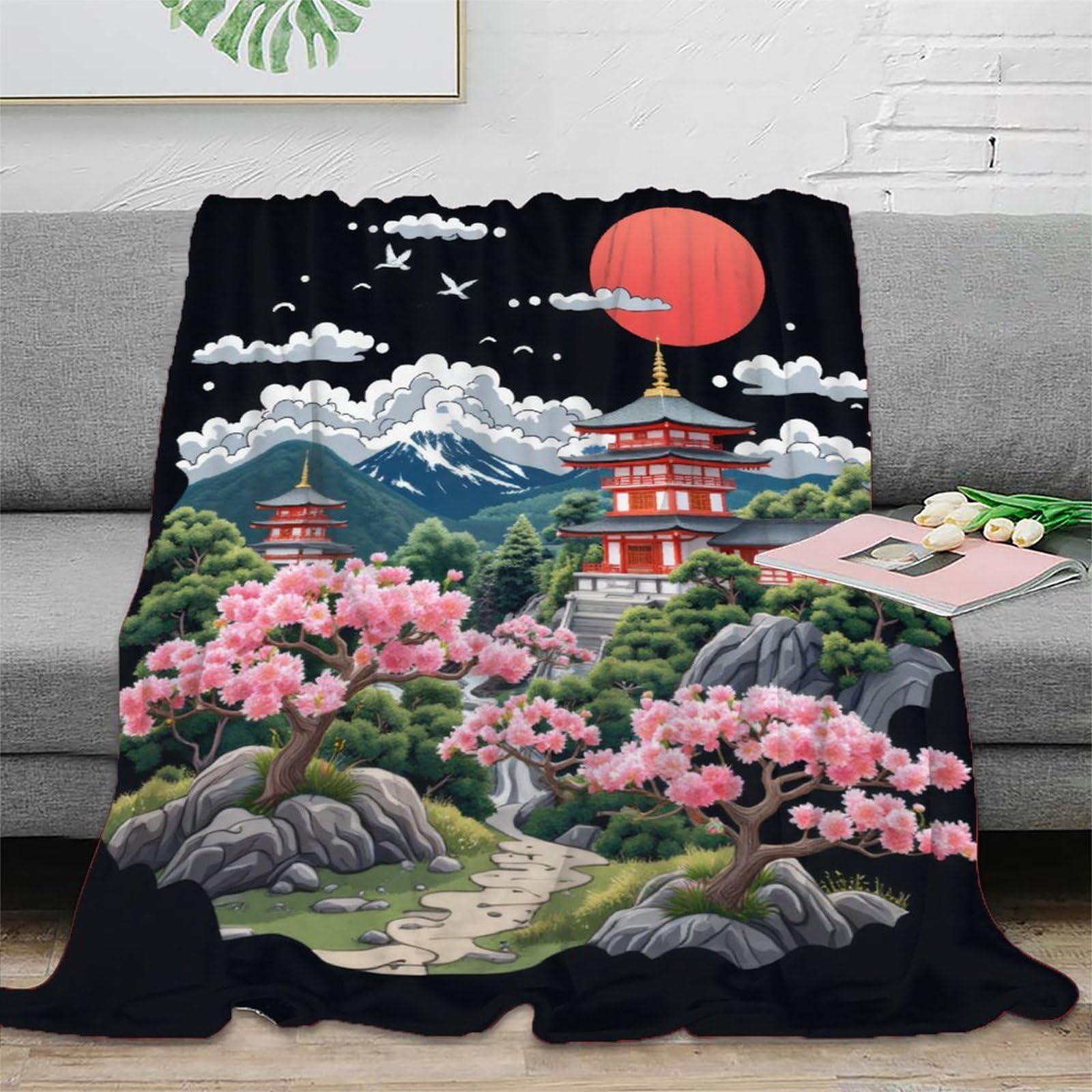 Couverture temple japonais 3D grand plaid de salon microfibre 4 saisons