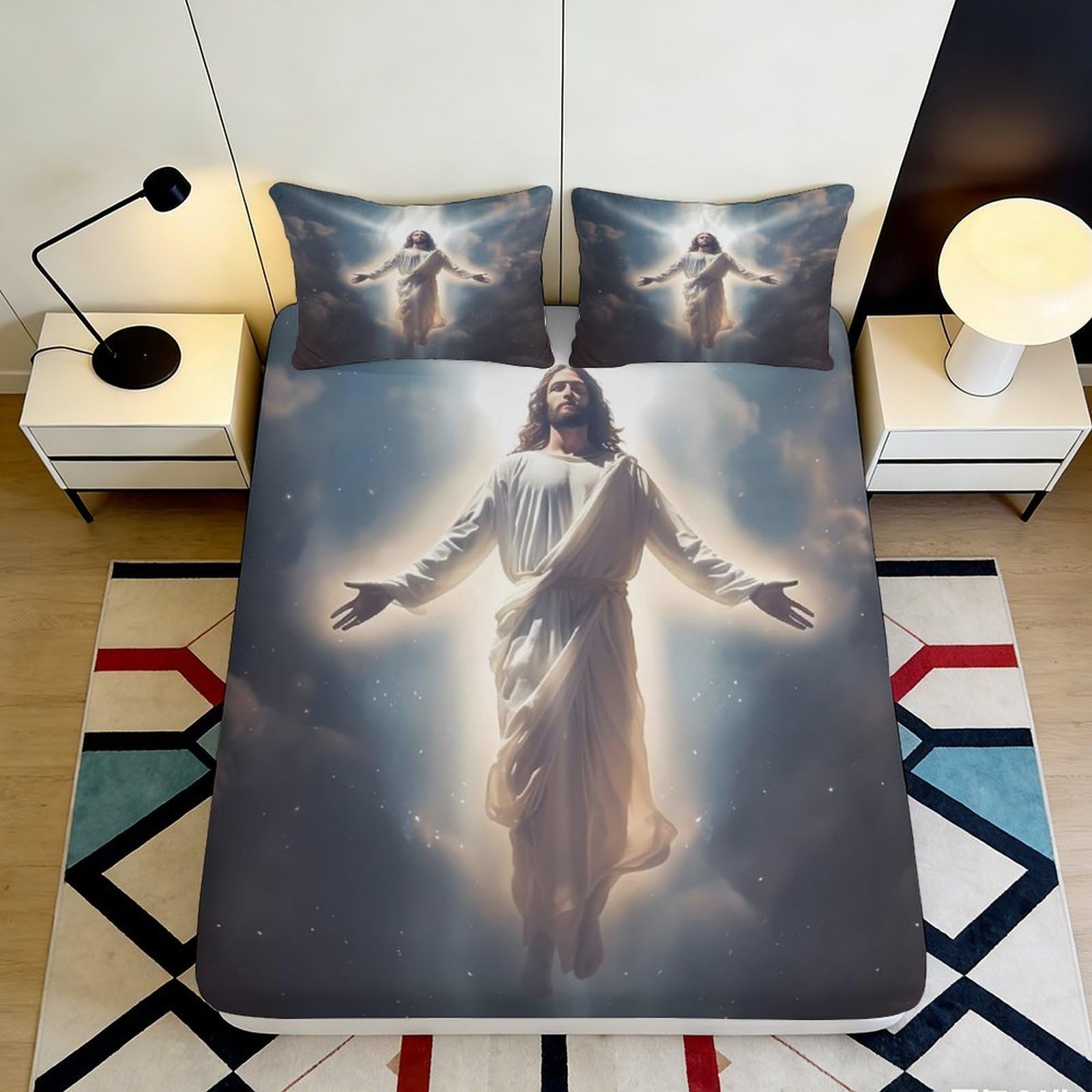 3D Printed Ascension Angel Fitted Sheet Microfiber Soft Breathable Heavenly Light Bed Cover for Bedroom Decor 90x200x25cm