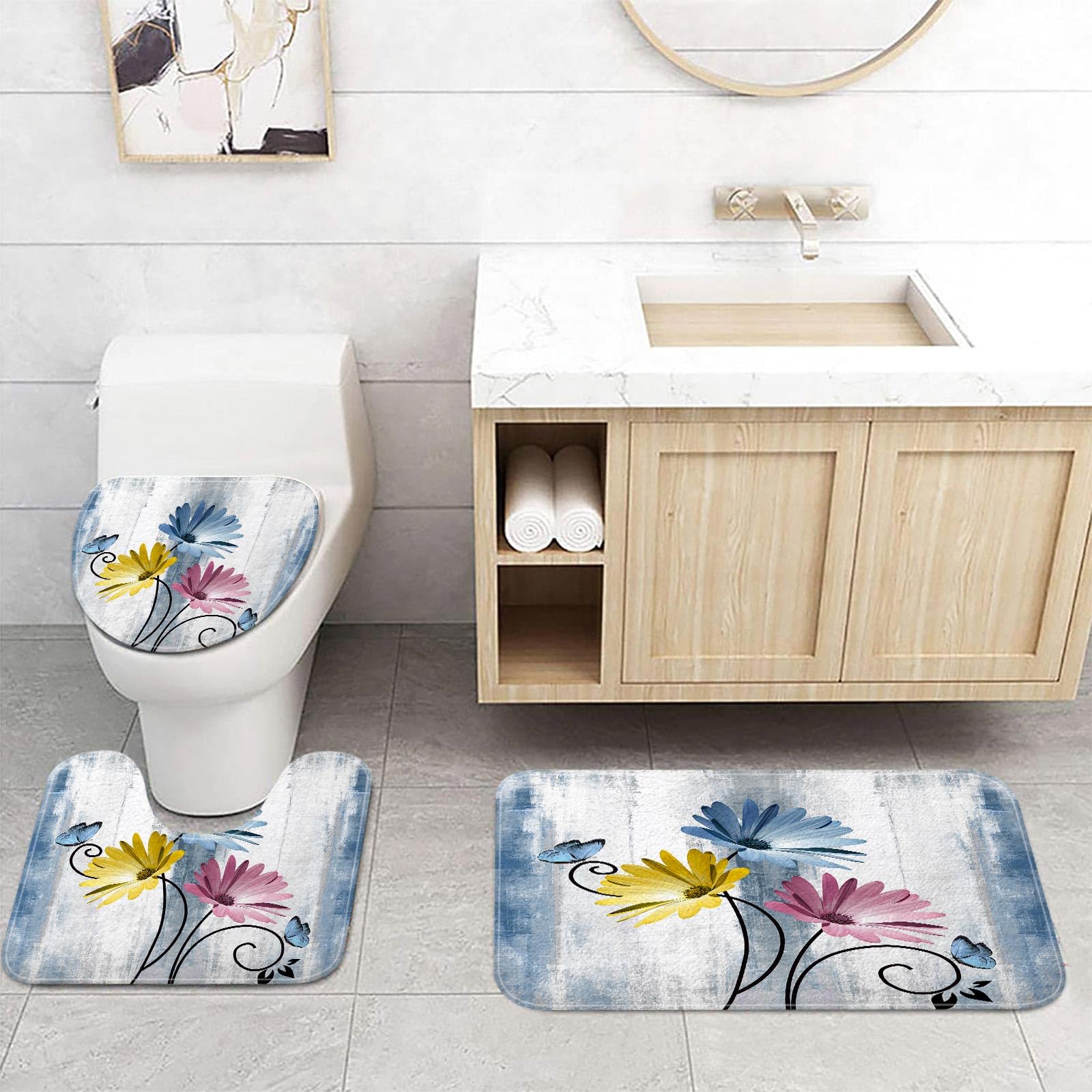 Rustic Farmhouse Bath Mat Set, Daisy Floral Flowers and Butterfly on Country Wooden Bathroom Mat Set with Non-Slip Bath Rug, Soft Toilet Lid Cover and