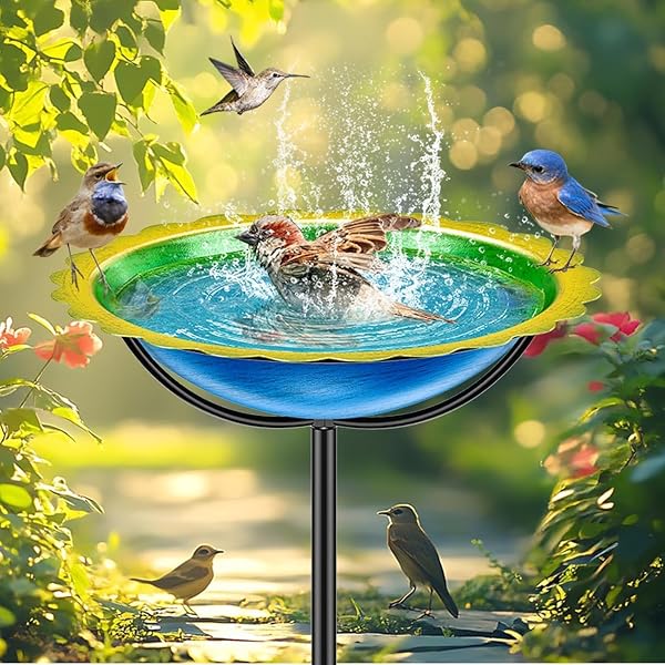 Vasca per Uccelli con Supporto 31 cm, Bagnetto e Mangiatoia in Metallo, Altezza 101 cm, Blu e Giallo, per Giardino e Patio - 1